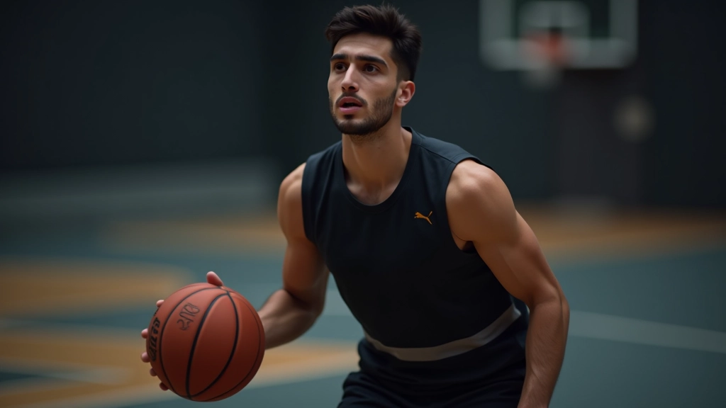 لاعب دفاع يراقب خصمه بحذر أثناء حركته مع الكرة، في ملعب داخلي مع إضاءة احترافية