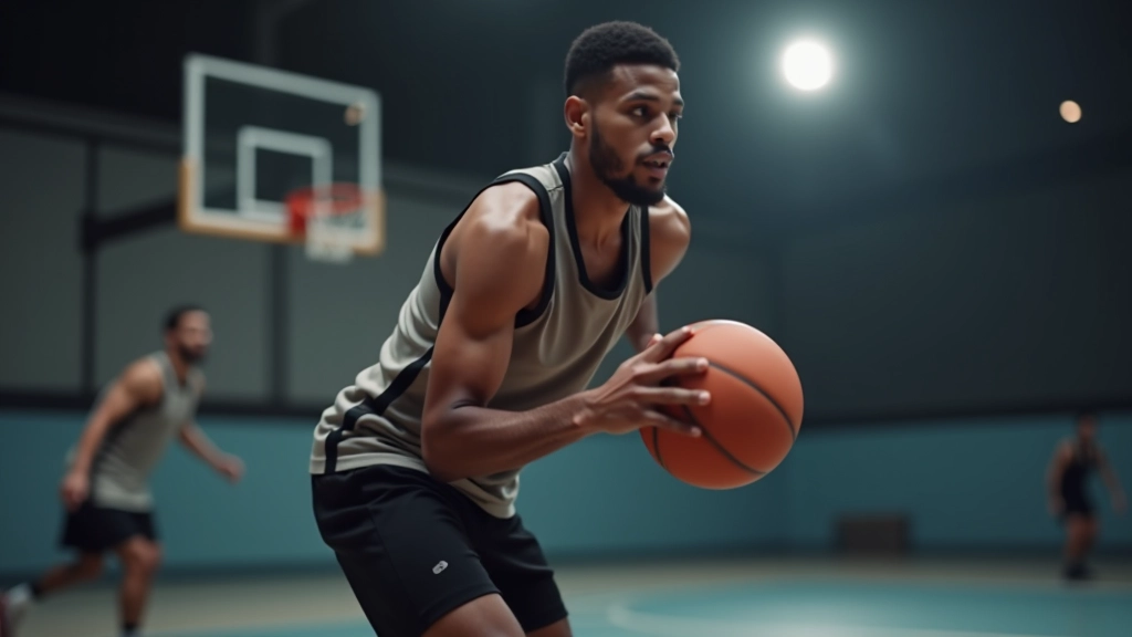 لاعب كرة سلة يقوم بحركة تصويب من خط الثلاث نقاط، ملعب داخلي مضاء بإضاءة احترافية